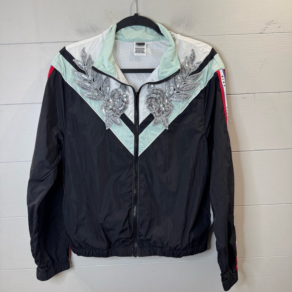 Victoria's Secret PINK Bling Anorak Windbreaker Jacket Silver Sequin Design XS/S